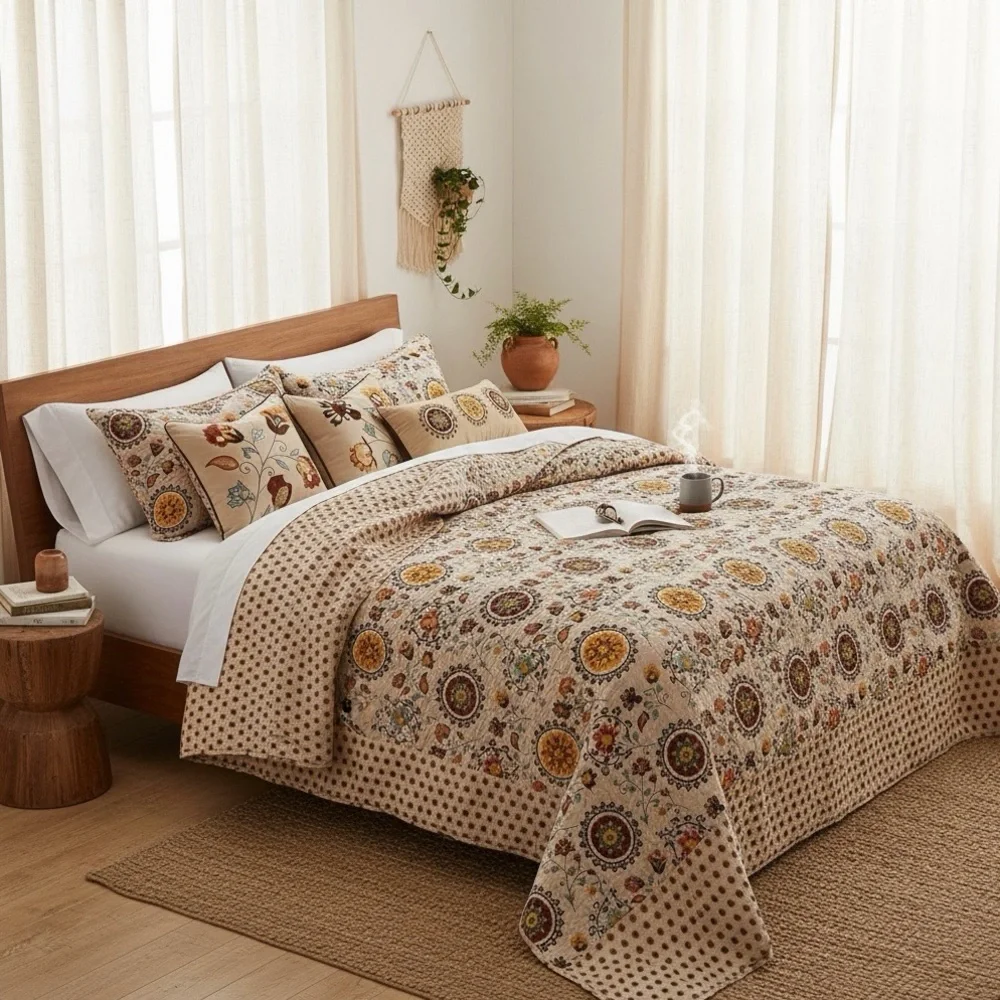 NEW Anthropologie Multicolor Retro Boho Quilt Bedspread Bedding & Sham Set